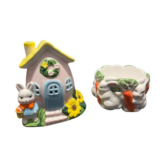 Ceramic Bunny House & Rabbit Carrot Bowl Easter Decor - Picture 2 of 10